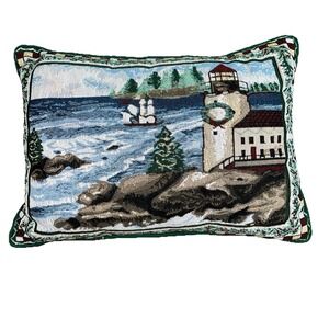 VTG Maine Rocky Coast Tapestry Decorative Throw Pillow Lighthouse Trees 12"x17"